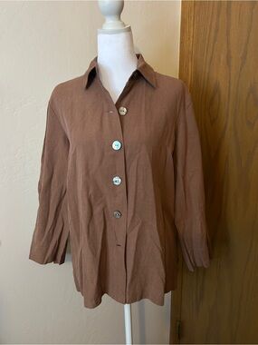 Harvé Benard Silk Linen Button Front Blouse Size 6 Brown
